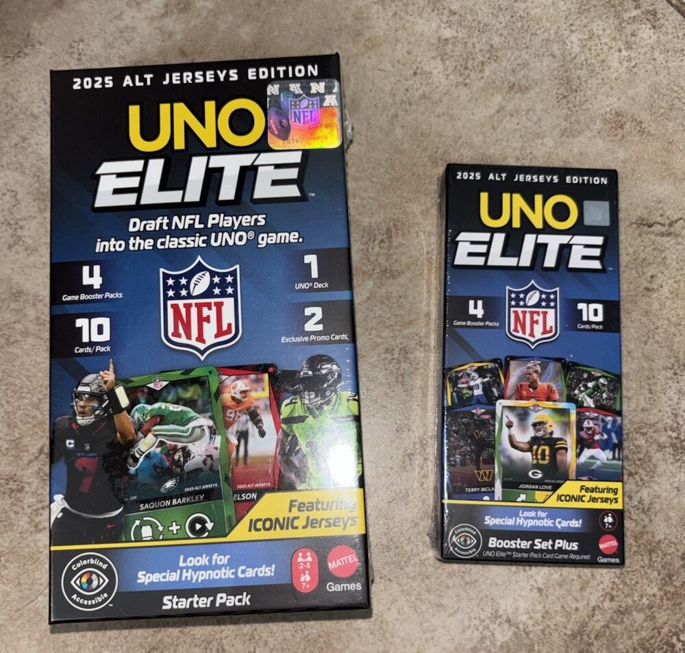 UNO NFL‎ 2025 Elite Alt Jerseys Card Game Starter Set & Booster Set New Sealed